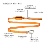 Bild som visar detaljer och egenskaper för kopplet Visibility Leash i färgen orange storlek 20 mm x 180 cm från Paikka hos dogmania.se