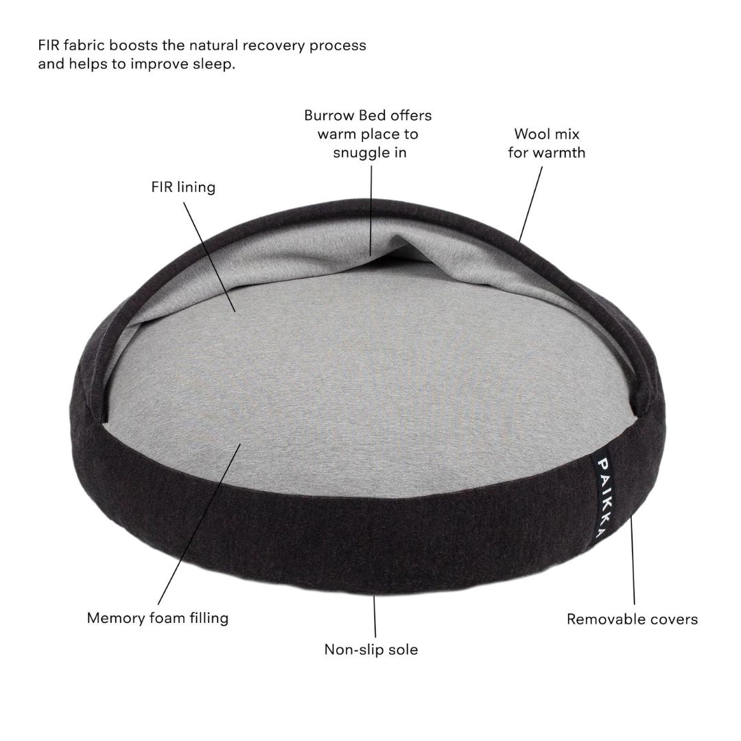 Bild som visar detaljer och egenskaper av hundbädden Recovery Burrow Bed i färgen grå från Paikka hos dogmania.se
